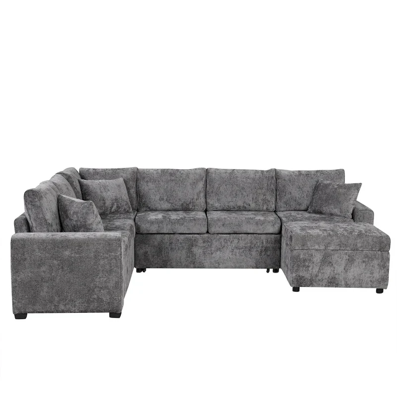 Canapé d'angle en chenille convertible, canapé-lit en forme de L avec pouf de rangement, 3 oreillers et dispositifs de charge
