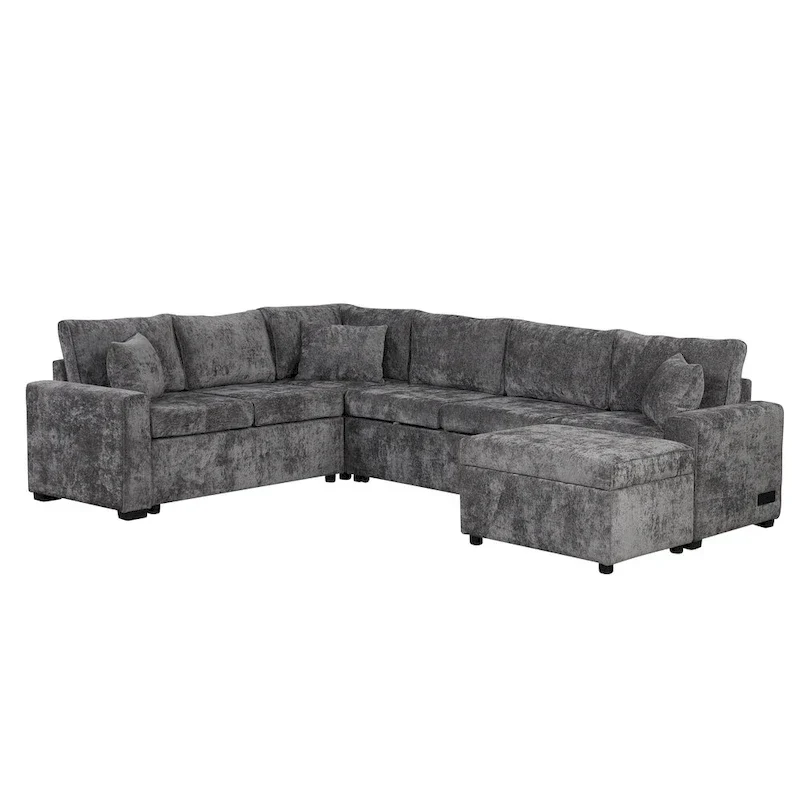 Canapé d'angle en chenille convertible, canapé-lit en forme de L avec pouf de rangement, 3 oreillers et dispositifs de charge