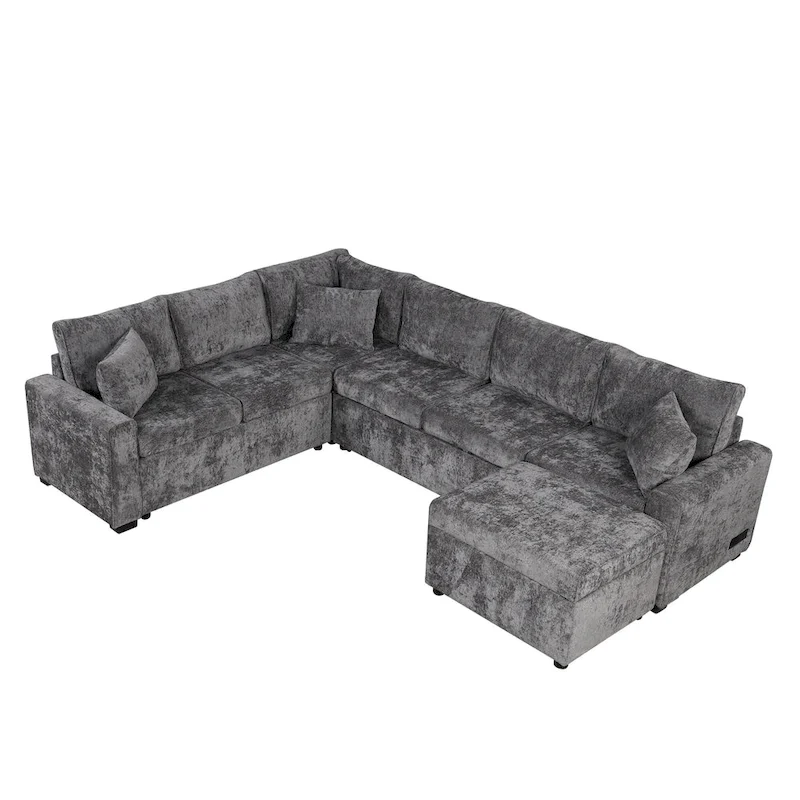 Canapé d'angle en chenille convertible, canapé-lit en forme de L avec pouf de rangement, 3 oreillers et dispositifs de charge