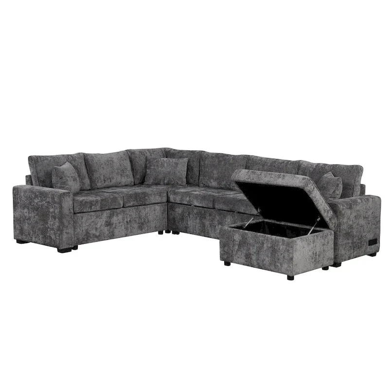 Canapé d'angle en chenille convertible, canapé-lit en forme de L avec pouf de rangement, 3 oreillers et dispositifs de charge