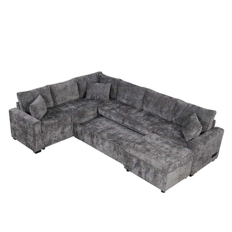 Canapé d'angle en chenille convertible, canapé-lit en forme de L avec pouf de rangement, 3 oreillers et dispositifs de charge