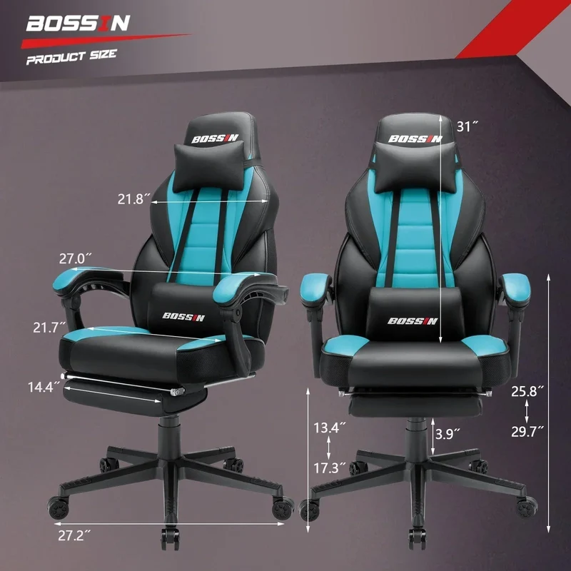Chaise de jeu style course BOSSIN, fauteuil gamer grande taille 300 lb, chaise d'ordinateur à dossier haut