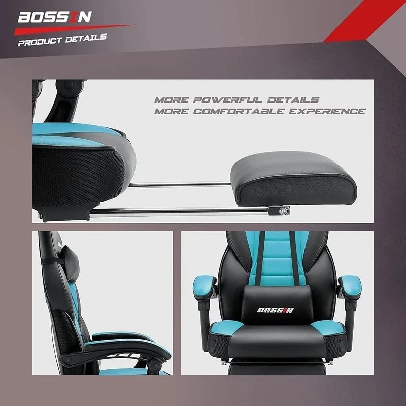 Chaise de jeu style course BOSSIN, fauteuil gamer grande taille 300 lb, chaise d'ordinateur à dossier haut