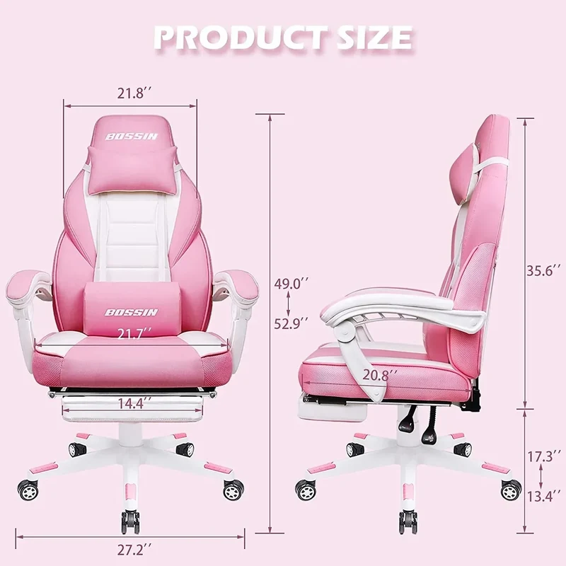 Chaise de jeu style course BOSSIN, fauteuil gamer grande taille 300 lb, chaise d'ordinateur à dossier haut