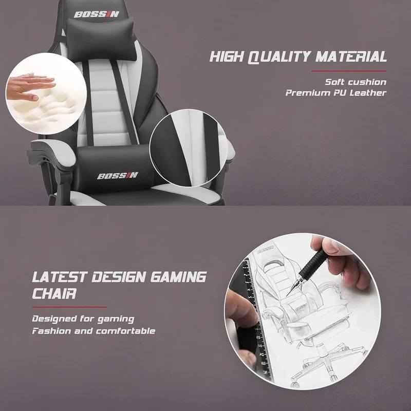 Chaise de jeu style course BOSSIN, fauteuil gamer grande taille 300 lb, chaise d'ordinateur à dossier haut