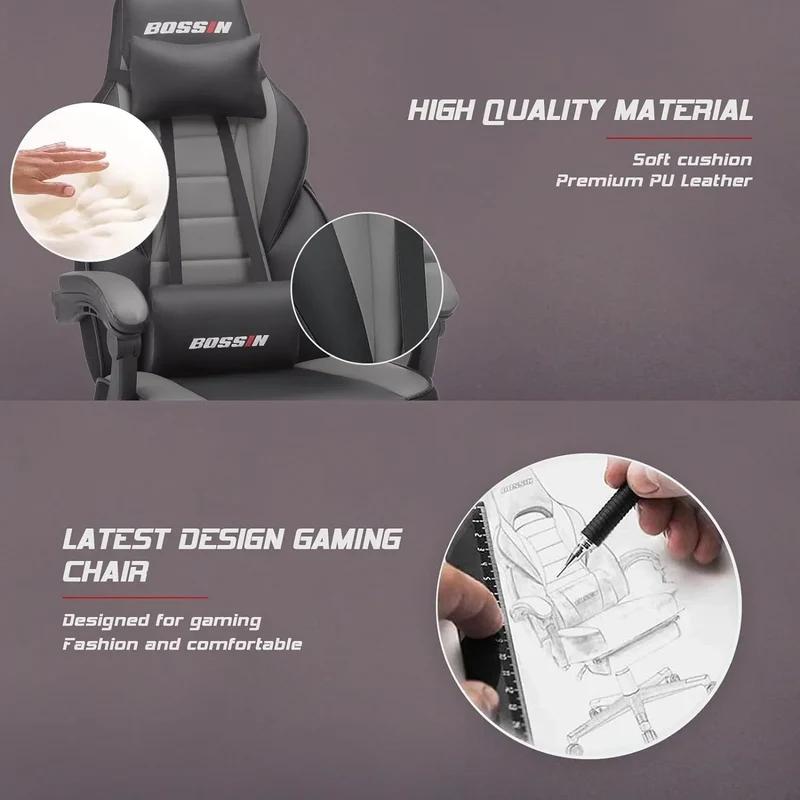 Chaise de jeu style course BOSSIN, fauteuil gamer grande taille 300 lb, chaise d'ordinateur à dossier haut