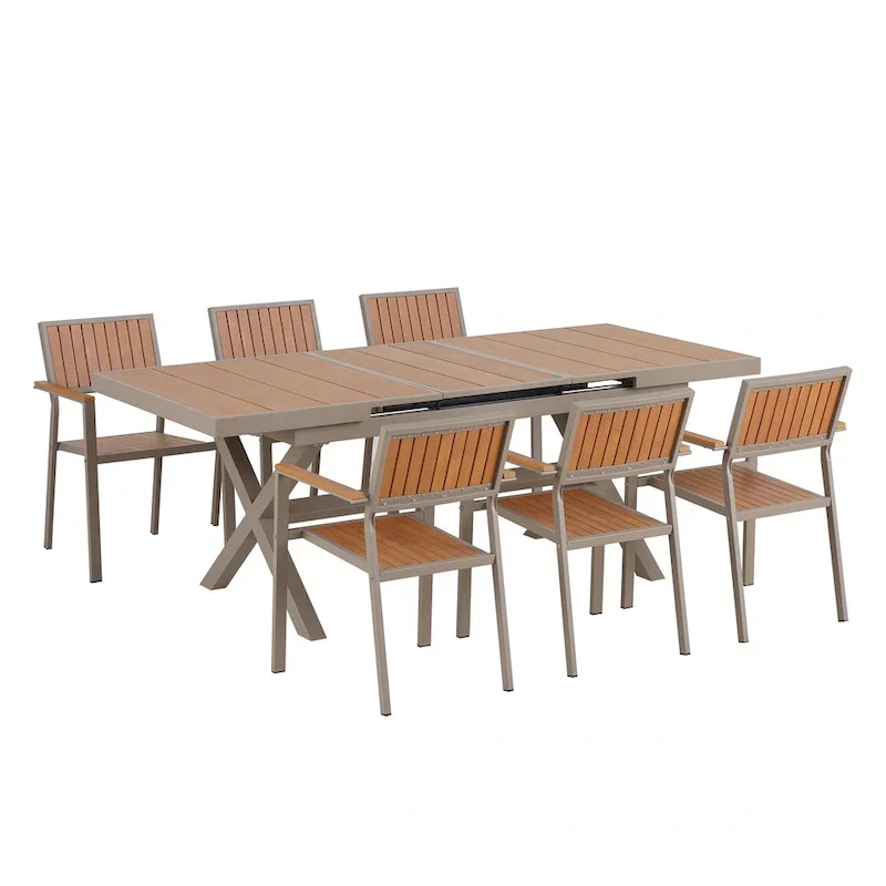 Ensemble de salle à manger d'extérieur extensible 7 pièces avec table extensible et 6 fauteuils