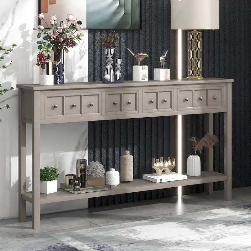 Console d'entrée rustique, table de canapé de 60 pouces de long avec deux tiroirs de tailles différentes et une étagère inférieure pour le rangement