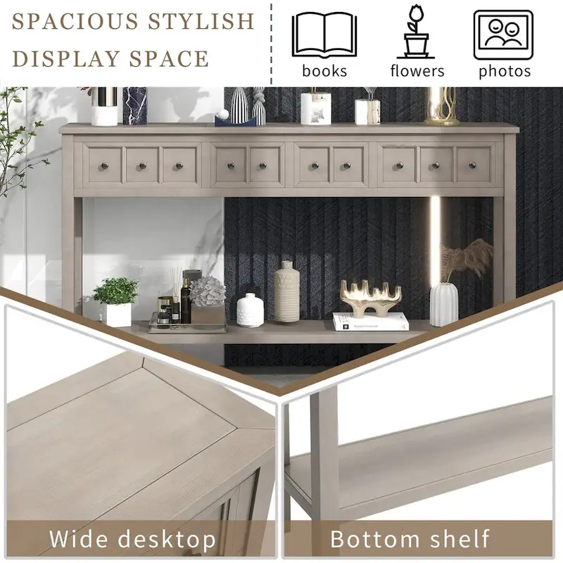 Console d'entrée rustique, table de canapé de 60 pouces de long avec deux tiroirs de tailles différentes et une étagère inférieure pour le rangement