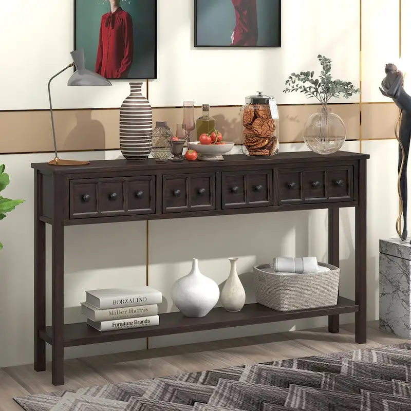 Console d'entrée rustique, table de canapé de 60 pouces de long avec deux tiroirs de tailles différentes et une étagère inférieure pour le rangement