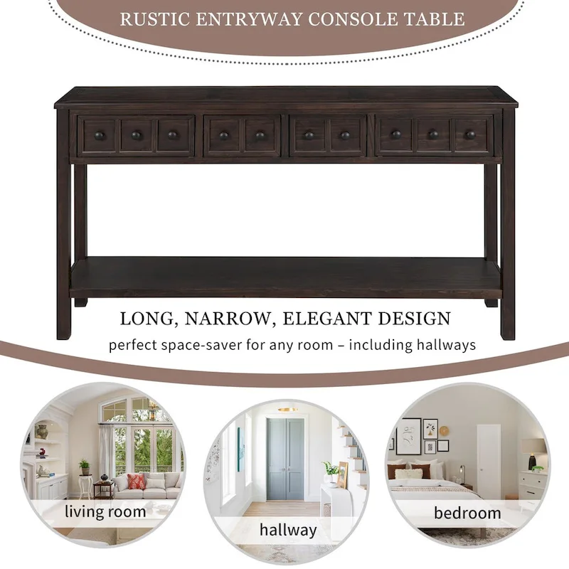 Console d'entrée rustique, table de canapé de 60 pouces de long avec deux tiroirs de tailles différentes et une étagère inférieure pour le rangement