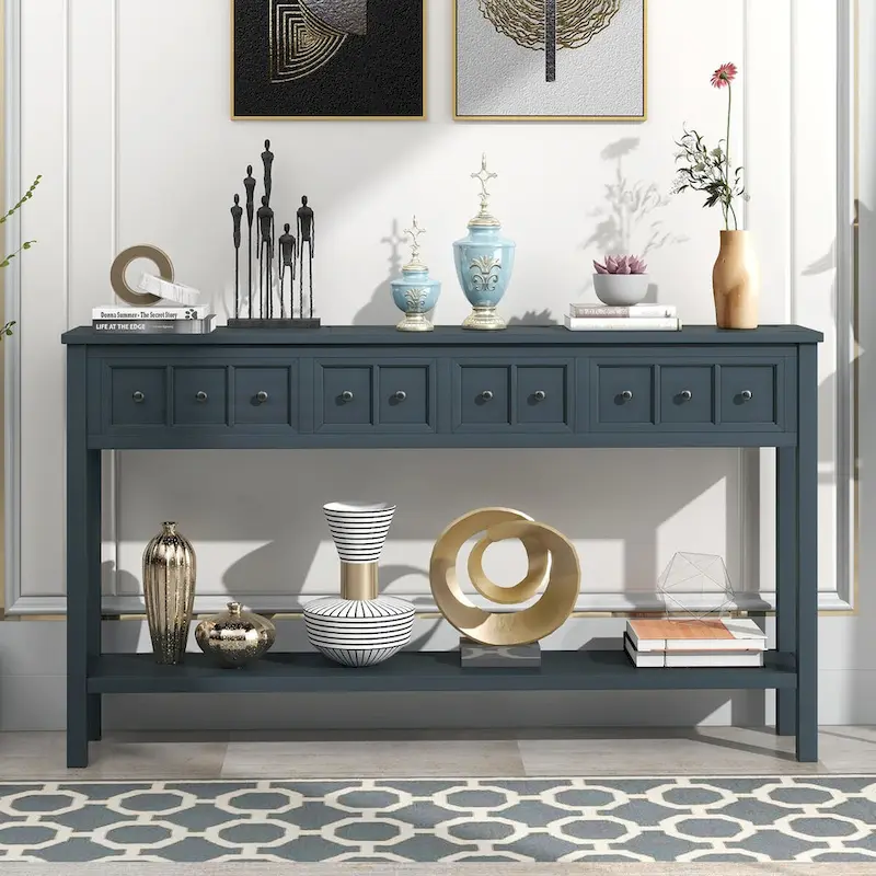 Console d'entrée rustique, table de canapé de 60 pouces de long avec deux tiroirs de tailles différentes et une étagère inférieure pour le rangement