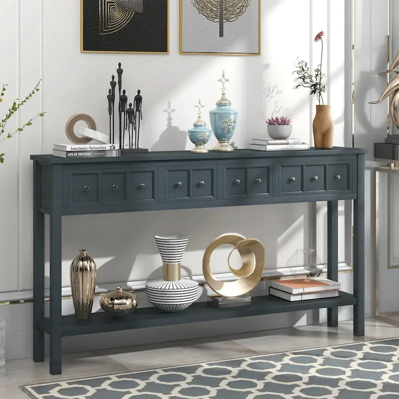 Console d'entrée rustique, table de canapé de 60 pouces de long avec deux tiroirs de tailles différentes et une étagère inférieure pour le rangement
