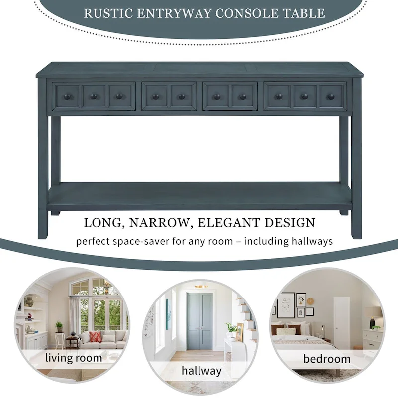 Console d'entrée rustique, table de canapé de 60 pouces de long avec deux tiroirs de tailles différentes et une étagère inférieure pour le rangement