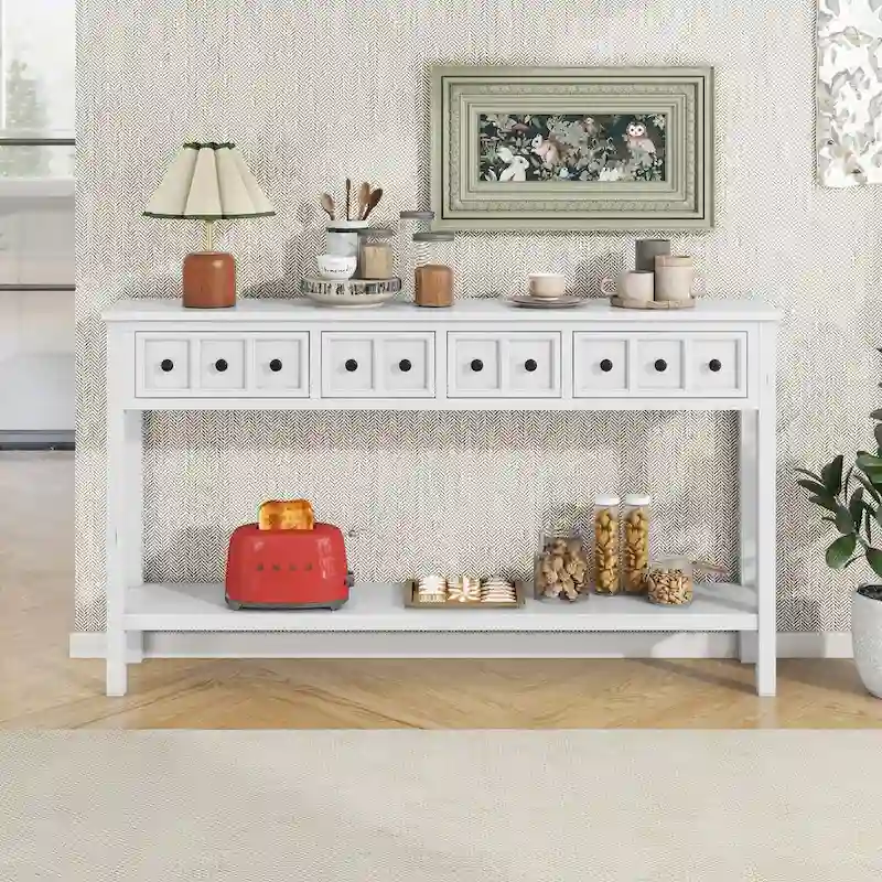 Console d'entrée rustique, table de canapé de 60 pouces de long avec deux tiroirs de tailles différentes et une étagère inférieure pour le rangement