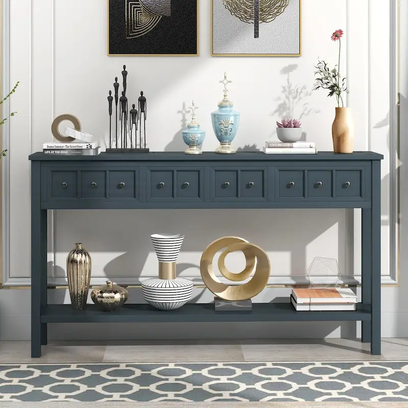 Console d'entrée rustique, table de canapé de 60 pouces de long avec deux tiroirs de tailles différentes et une étagère inférieure pour le rangement