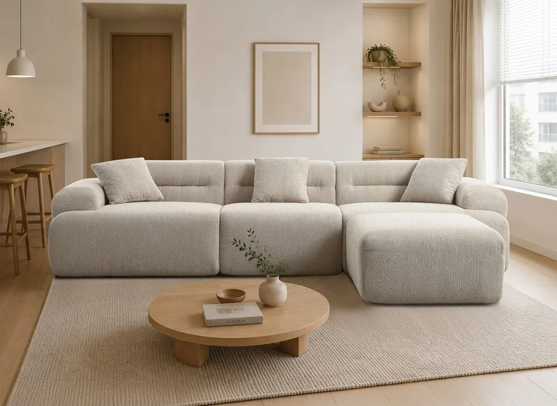 Canapé droit 3 places + pouf en tissu texturé beige SAKURA