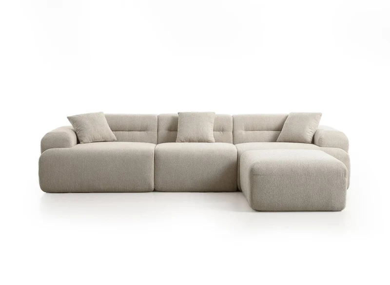 Canapé droit 3 places + pouf en tissu texturé beige SAKURA