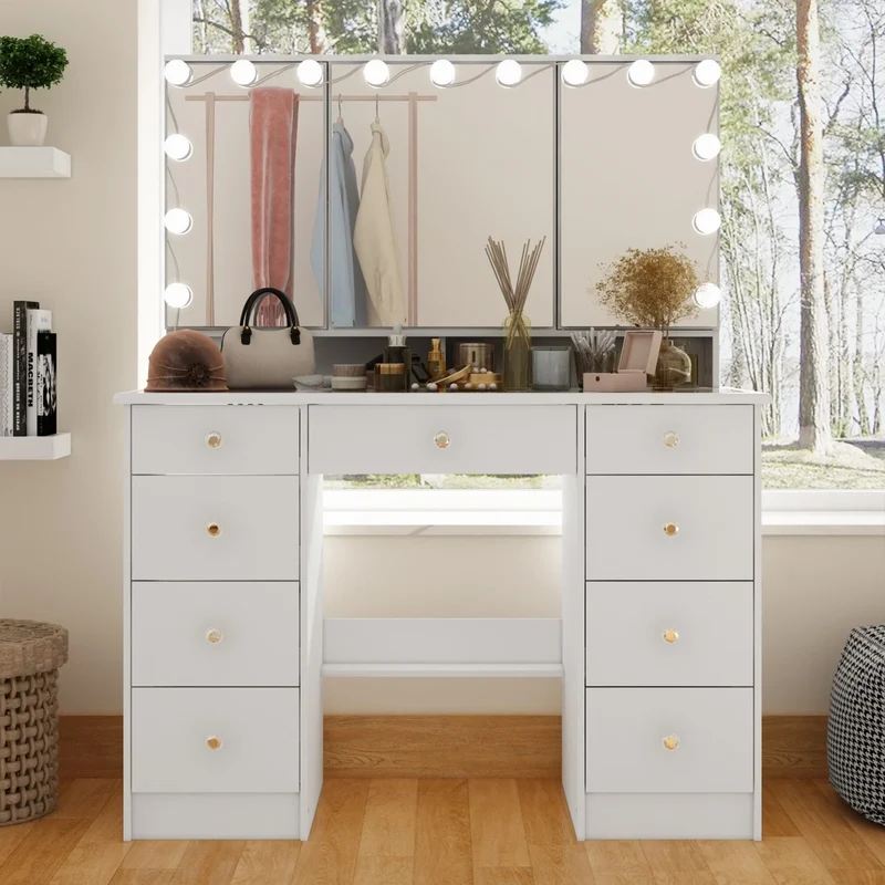 Coiffeuse avec miroir triptyque éclairage certifié et plateau en verre