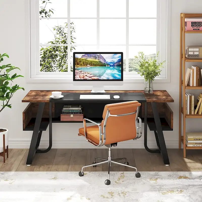 Bureau de Direction avec Étagère de Rangement, Poste de Travail Professionnel, Bureau d'Écriture pour la Salle du Patron