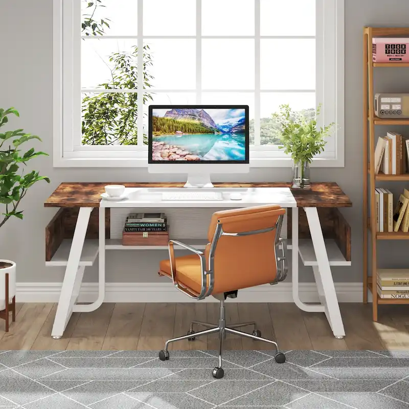 Bureau de Direction avec Étagère de Rangement, Poste de Travail Professionnel, Bureau d'Écriture pour la Salle du Patron