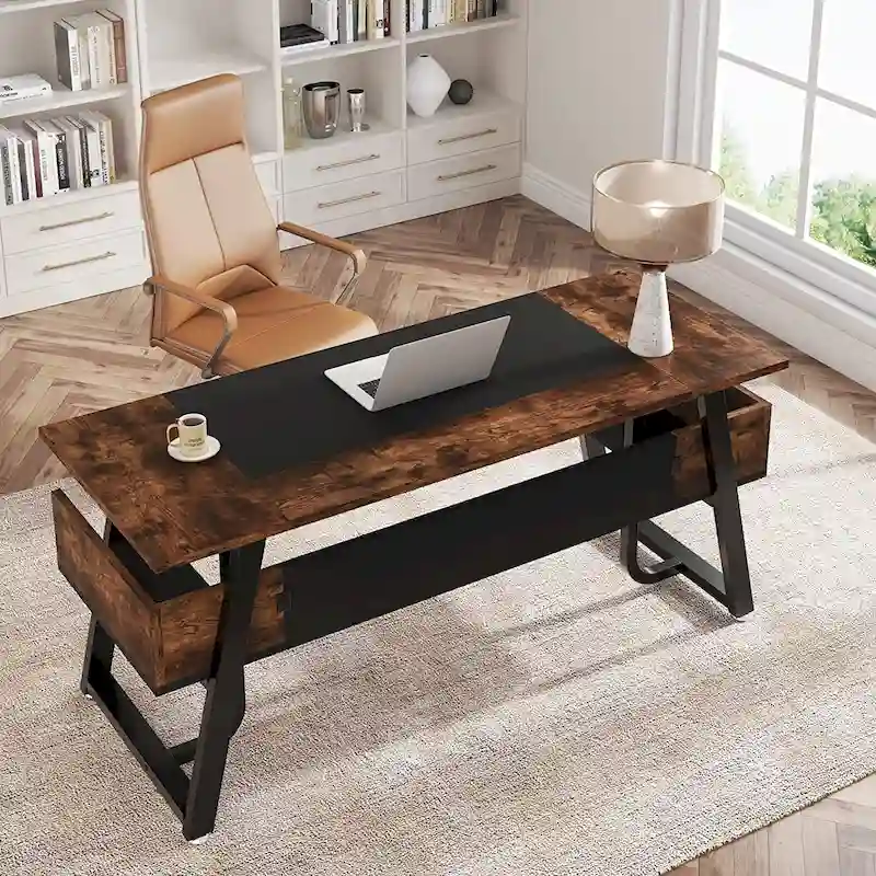 Bureau de Direction avec Étagère de Rangement, Poste de Travail Professionnel, Bureau d'Écriture pour la Salle du Patron