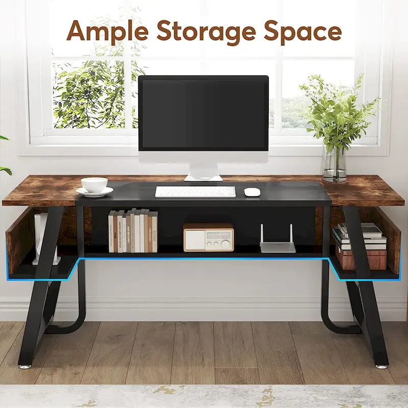 Bureau de Direction avec Étagère de Rangement, Poste de Travail Professionnel, Bureau d'Écriture pour la Salle du Patron