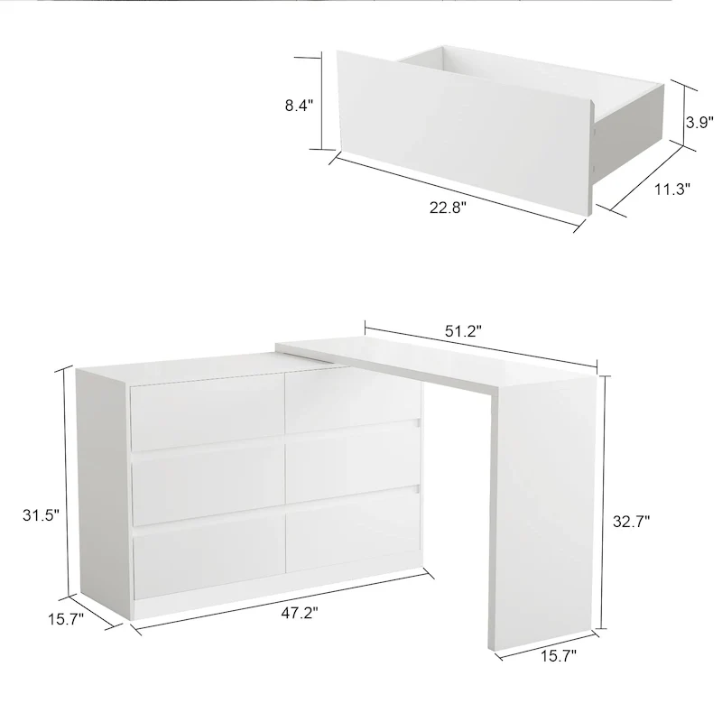 Commode pivotante 32,7H et bureau coiffeuse 6 tiroirs Blanc/Noir