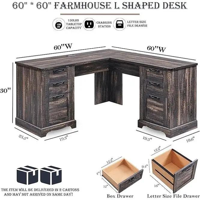 Bureau d'angle exécutif en forme de L 60 Farmhouse, bureau d'angle en bois, bureau d'ordinateur