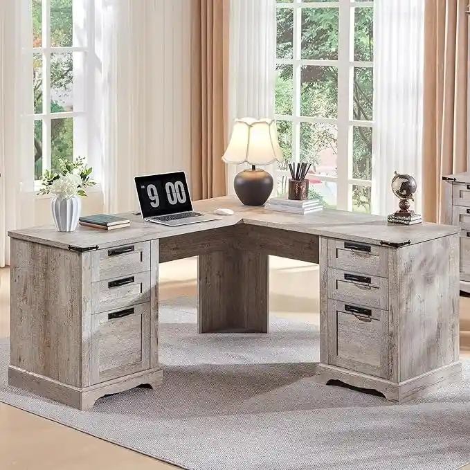 Bureau d'angle exécutif en forme de L 60 Farmhouse, bureau d'angle en bois, bureau d'ordinateur