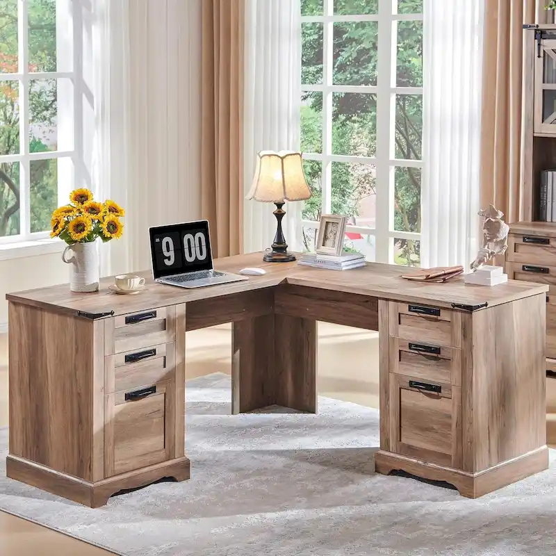 Bureau d'angle exécutif en forme de L 60 Farmhouse, bureau d'angle en bois, bureau d'ordinateur