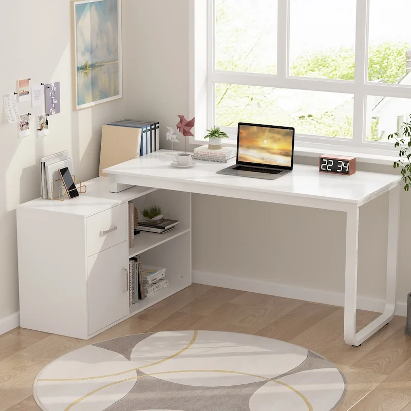 Bureau d'angle réversible blanc pivotant Bureau d'ordinateur
