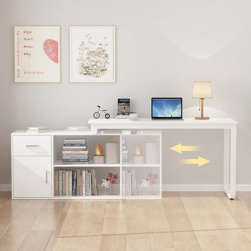 Bureau d'angle réversible blanc pivotant Bureau d'ordinateur