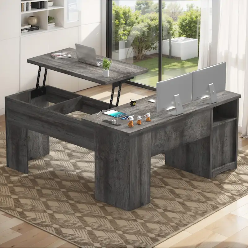 Bureau d'angle en L moderne style ferme avec plateau relevable, tiroirs pour dossiers et station de charge pour le bureau à domicile