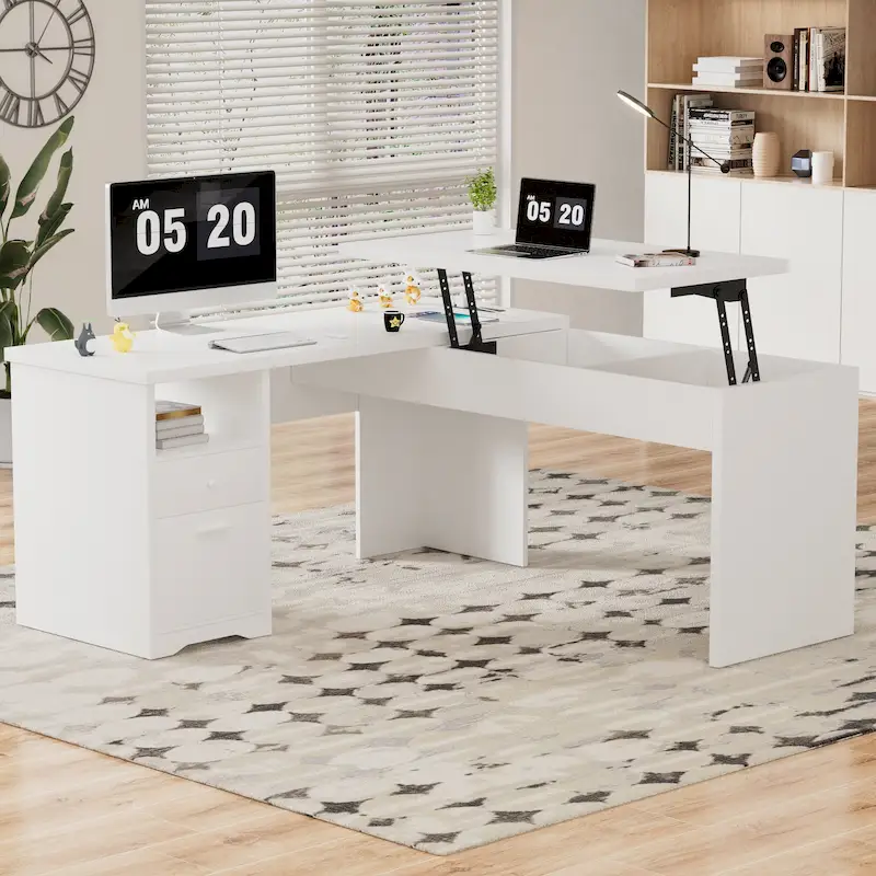 Bureau d'angle en L moderne style ferme avec plateau relevable, tiroirs pour dossiers et station de charge pour le bureau à domicile