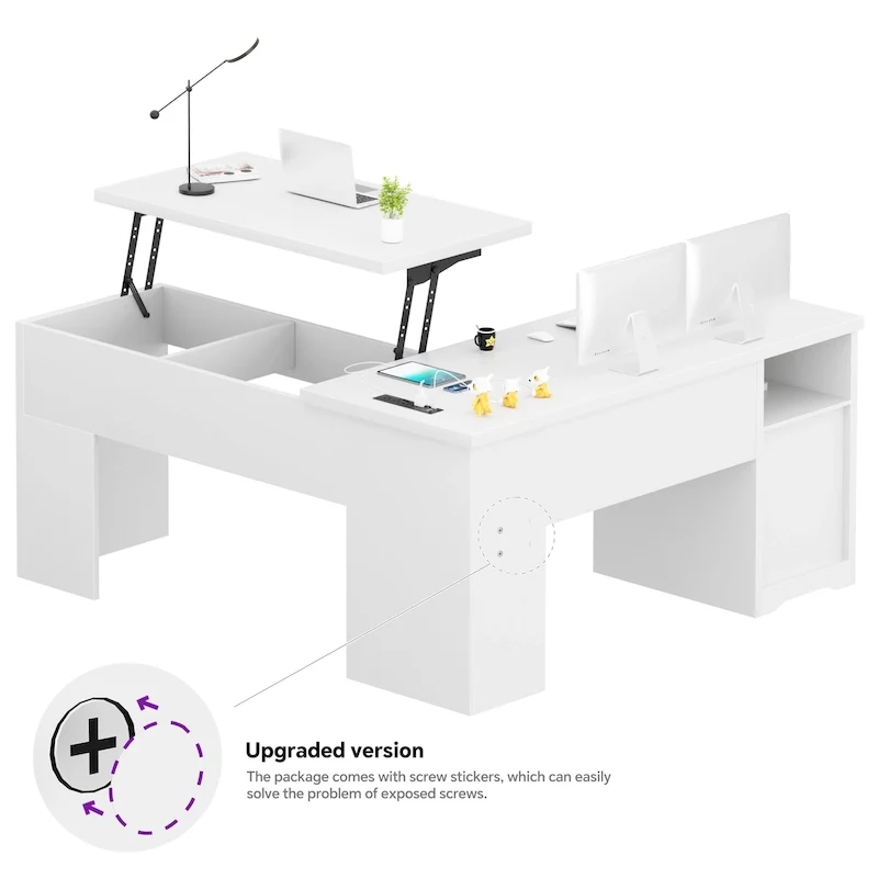 Bureau d'angle en L moderne style ferme avec plateau relevable, tiroirs pour dossiers et station de charge pour le bureau à domicile