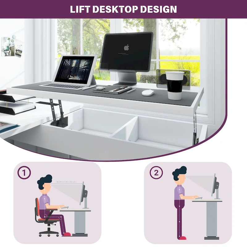 Bureau d'angle en L moderne style ferme avec plateau relevable, tiroirs pour dossiers et station de charge pour le bureau à domicile