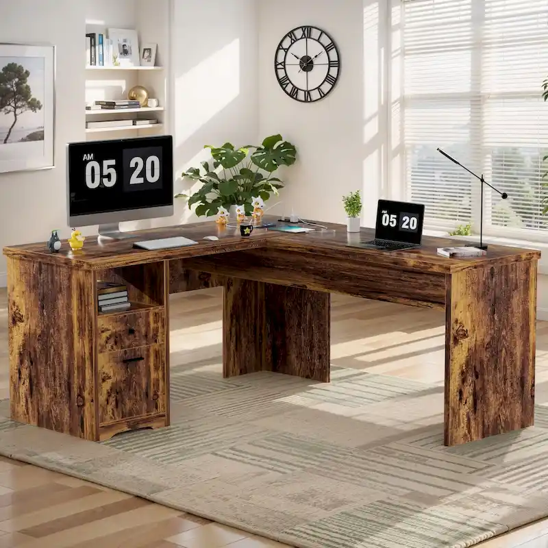 Bureau d'angle en L moderne style ferme avec plateau relevable, tiroirs pour dossiers et station de charge pour le bureau à domicile