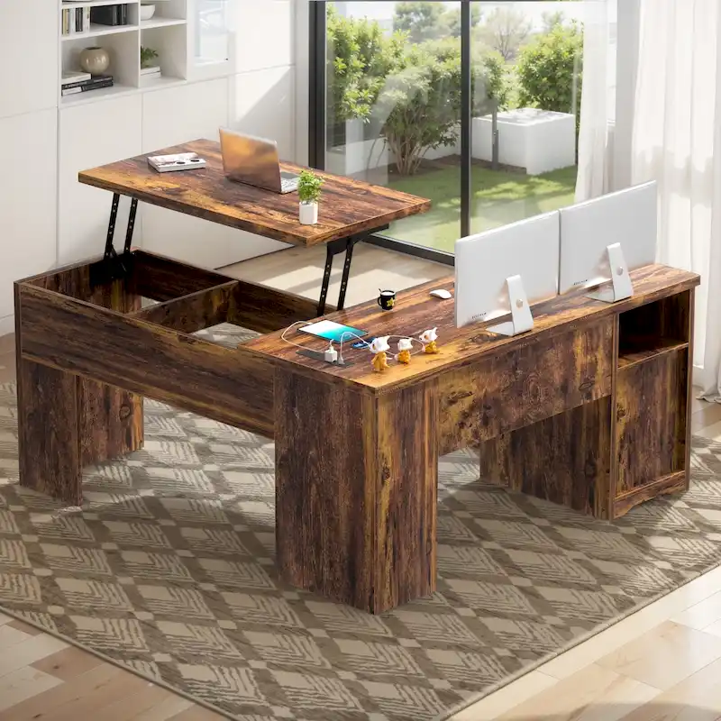 Bureau d'angle en L moderne style ferme avec plateau relevable, tiroirs pour dossiers et station de charge pour le bureau à domicile