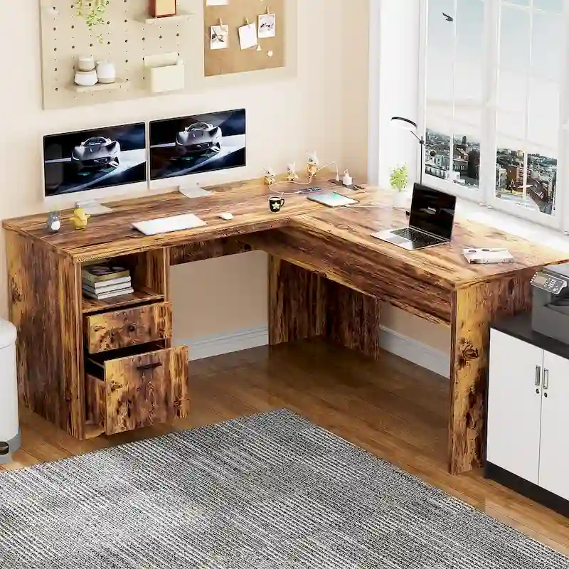Bureau d'angle en L moderne style ferme avec plateau relevable, tiroirs pour dossiers et station de charge pour le bureau à domicile