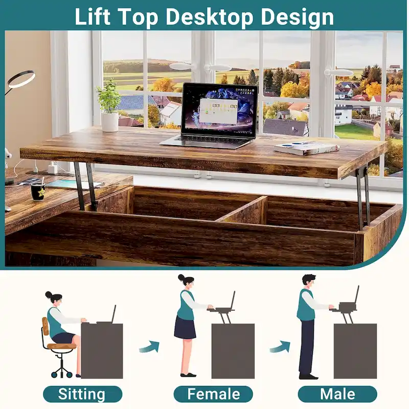 Bureau d'angle en L moderne style ferme avec plateau relevable, tiroirs pour dossiers et station de charge pour le bureau à domicile