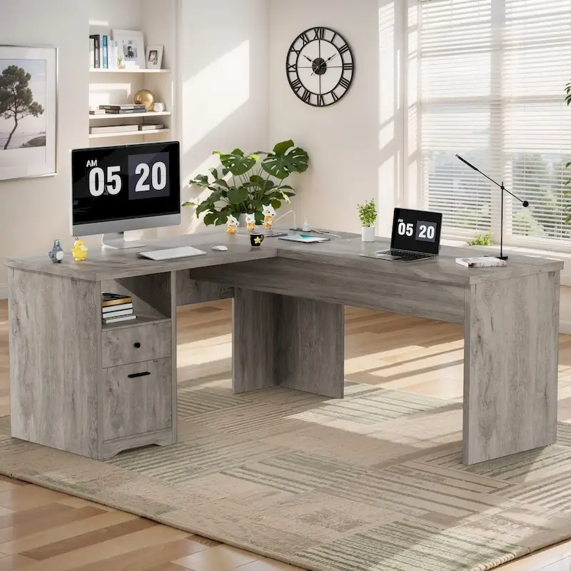Bureau d'angle en L moderne style ferme avec plateau relevable, tiroirs pour dossiers et station de charge pour le bureau à domicile