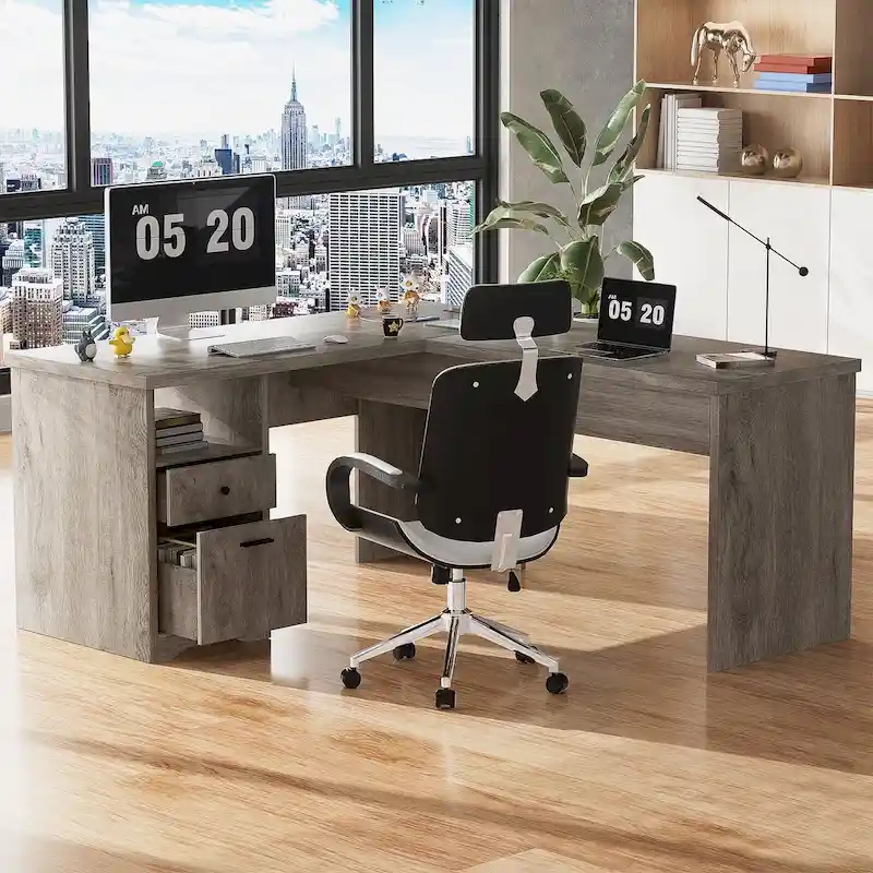 Bureau d'angle en L moderne style ferme avec plateau relevable, tiroirs pour dossiers et station de charge pour le bureau à domicile