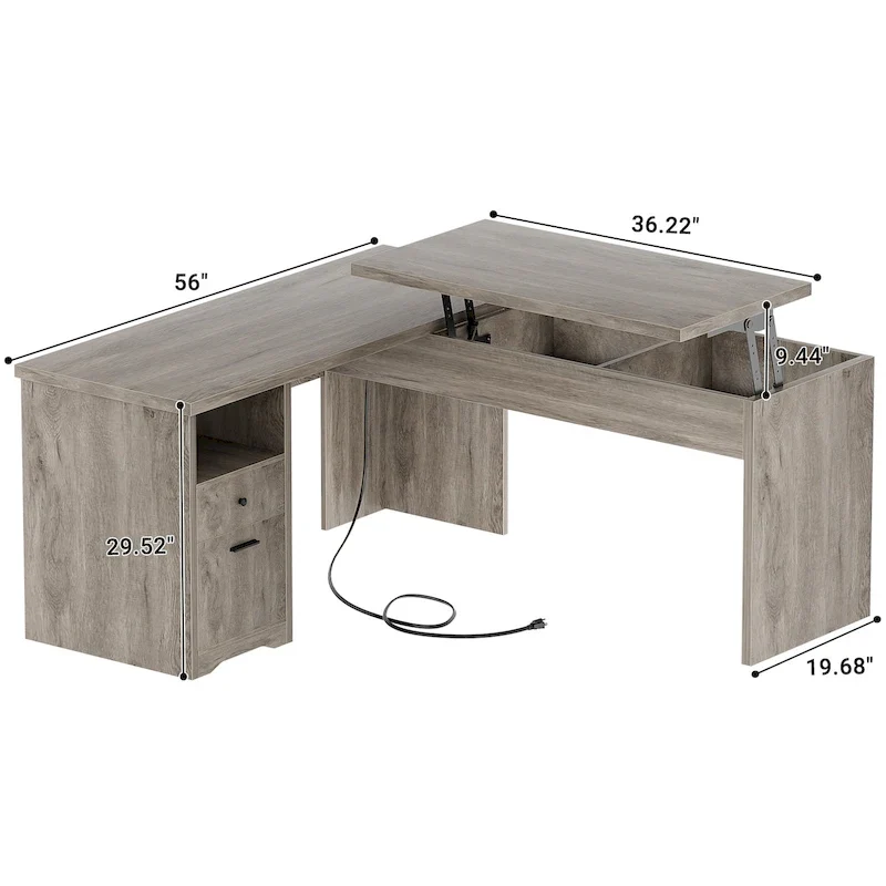 Bureau d'angle en L moderne style ferme avec plateau relevable, tiroirs pour dossiers et station de charge pour le bureau à domicile