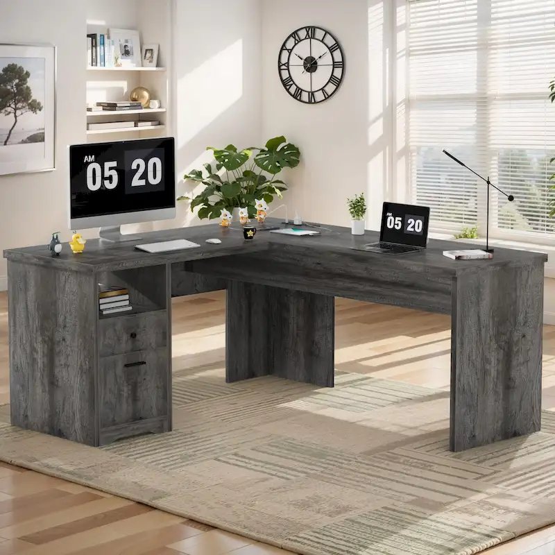 Bureau d'angle en L moderne style ferme avec plateau relevable, tiroirs pour dossiers et station de charge pour le bureau à domicile