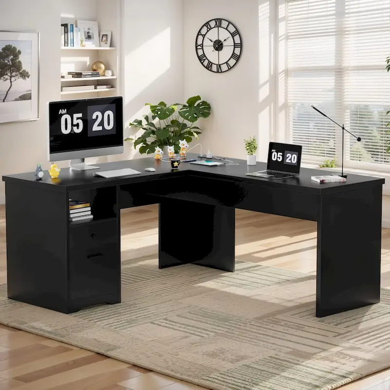 Bureau d'angle en L moderne style ferme avec plateau relevable, tiroirs pour dossiers et station de charge pour le bureau à domicile