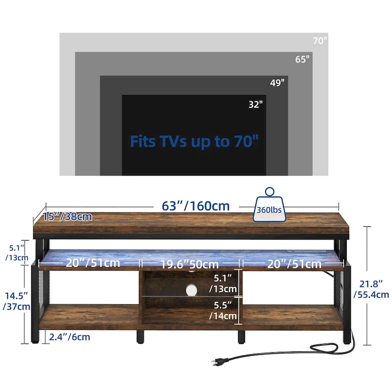 Meuble TV industriel en bois avec lumière LED, étagères de rangement ouvertes, prises de courant et télécommande Bluetooth