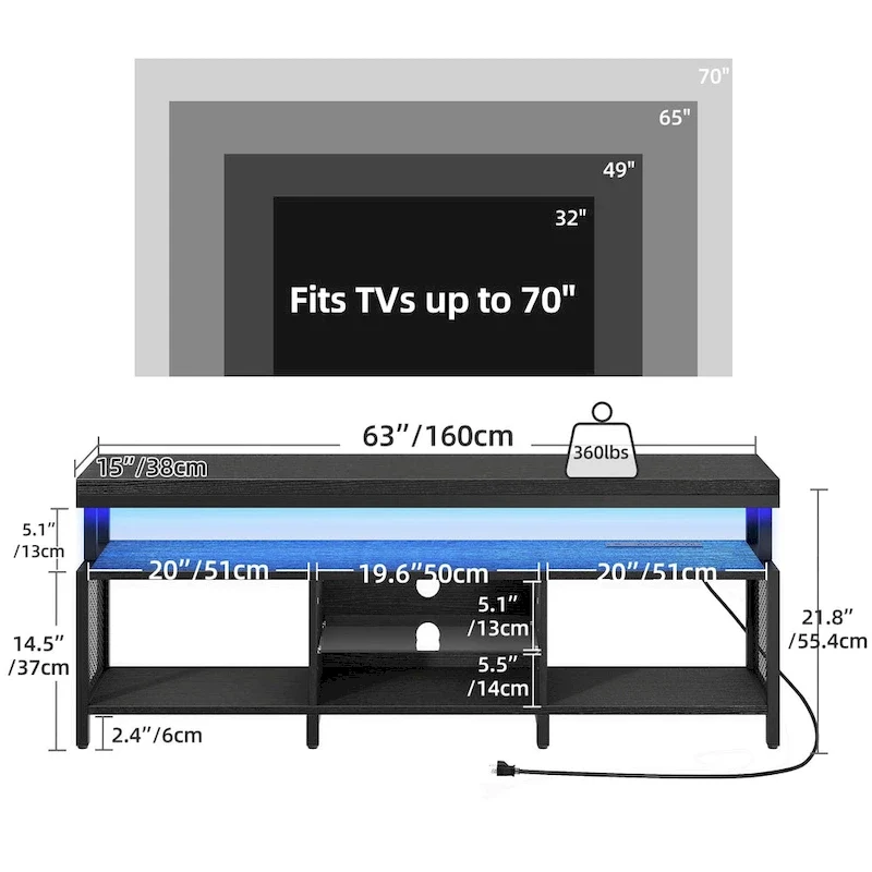 Meuble TV industriel en bois avec lumière LED, étagères de rangement ouvertes, prises de courant et télécommande Bluetooth