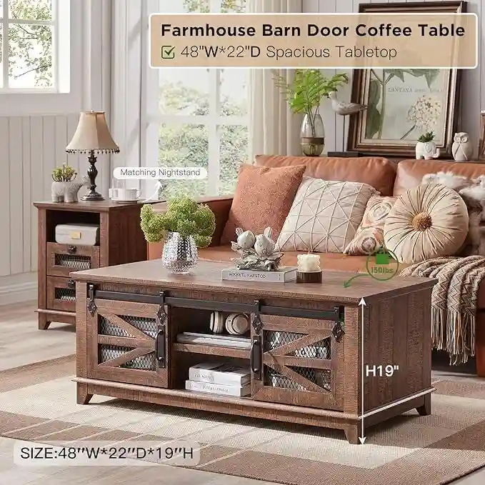 Table Basse de Ferme avec Rangement et Portes Coulissantes, Table de Salon