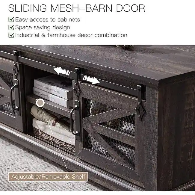 Table Basse de Ferme avec Rangement et Portes Coulissantes, Table de Salon